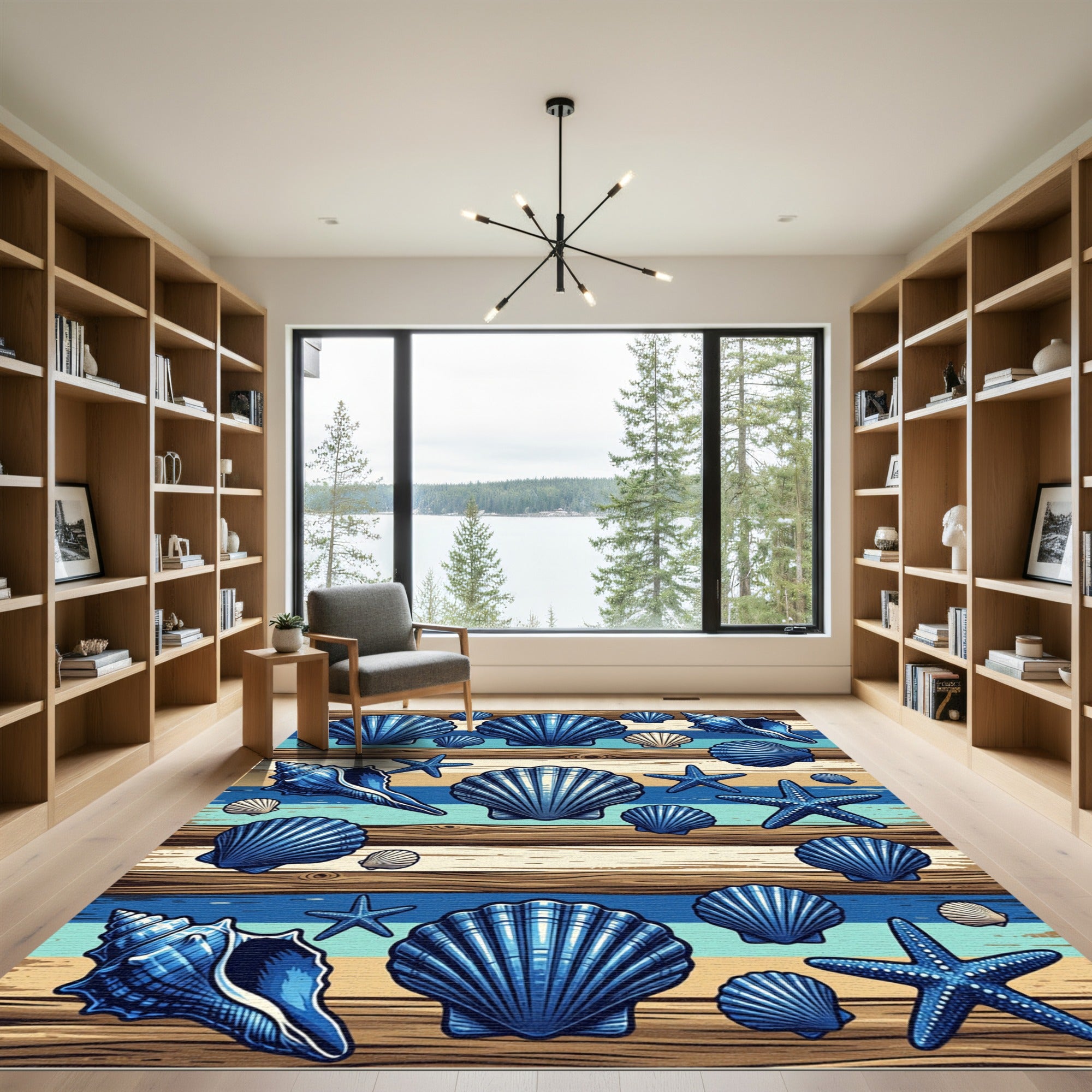 Coastal Blue Shell and Starfish Planks Rug
