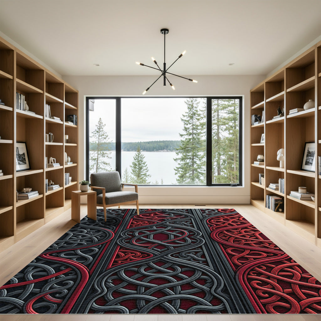 Crimson and Charcoal Interlocking Celtic Knot Rug