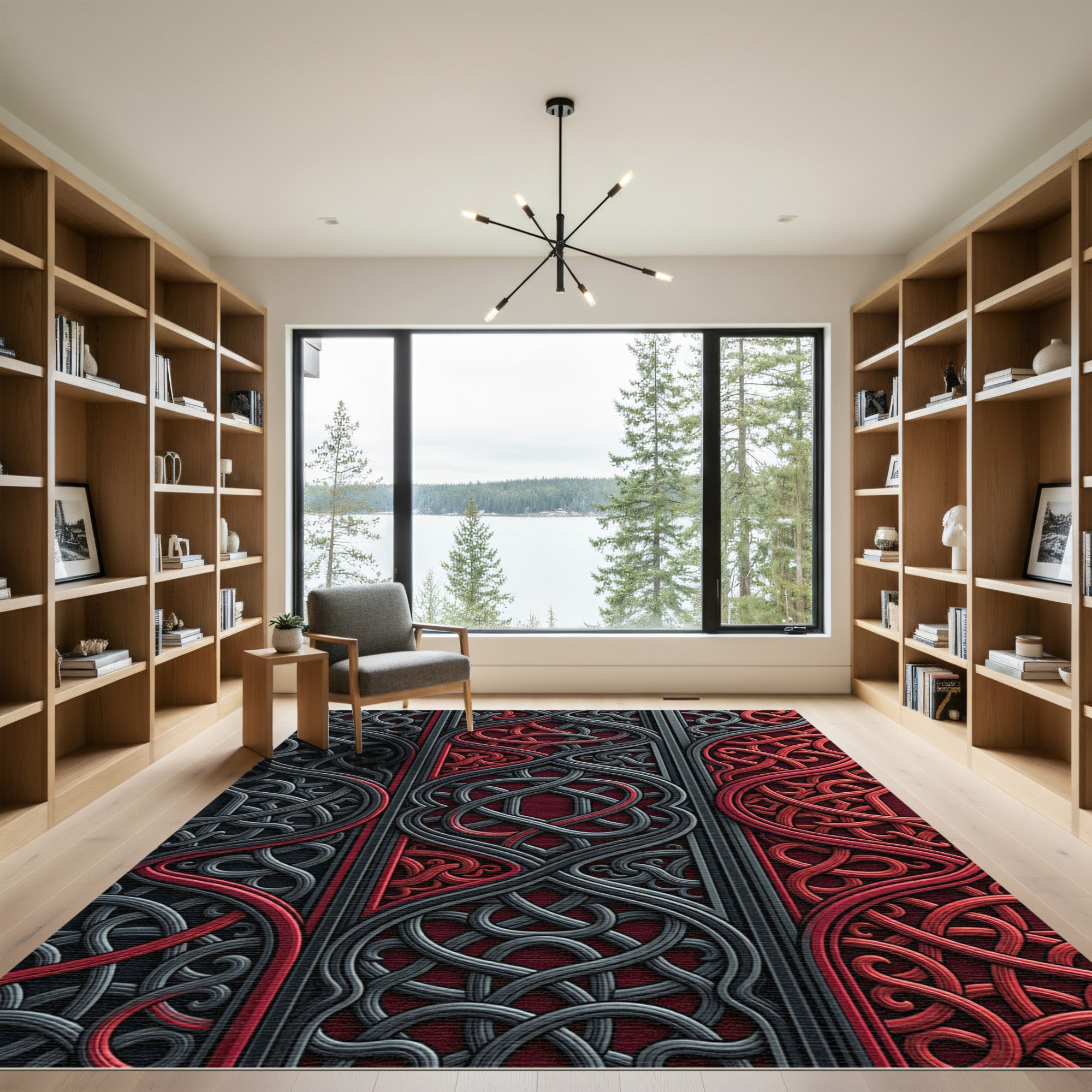 Crimson and Charcoal Interlocking Celtic Knot Rug