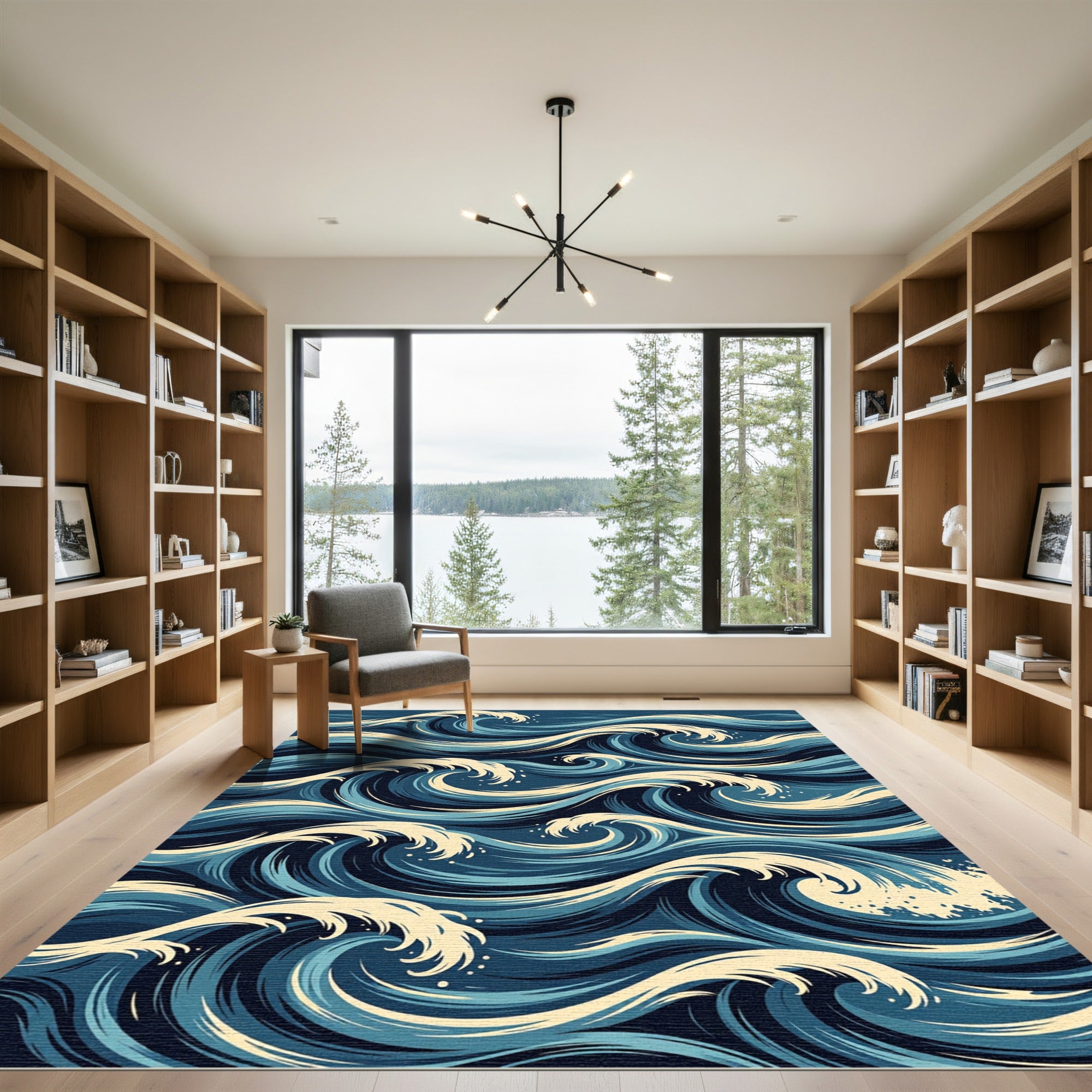 Deep Blue Ocean Swirl Waves Rug
