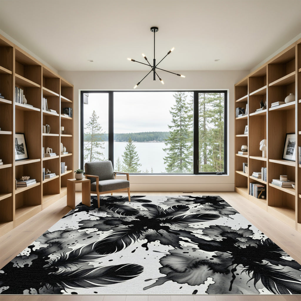 Monochrome Ink Splash Feather Accent Rug