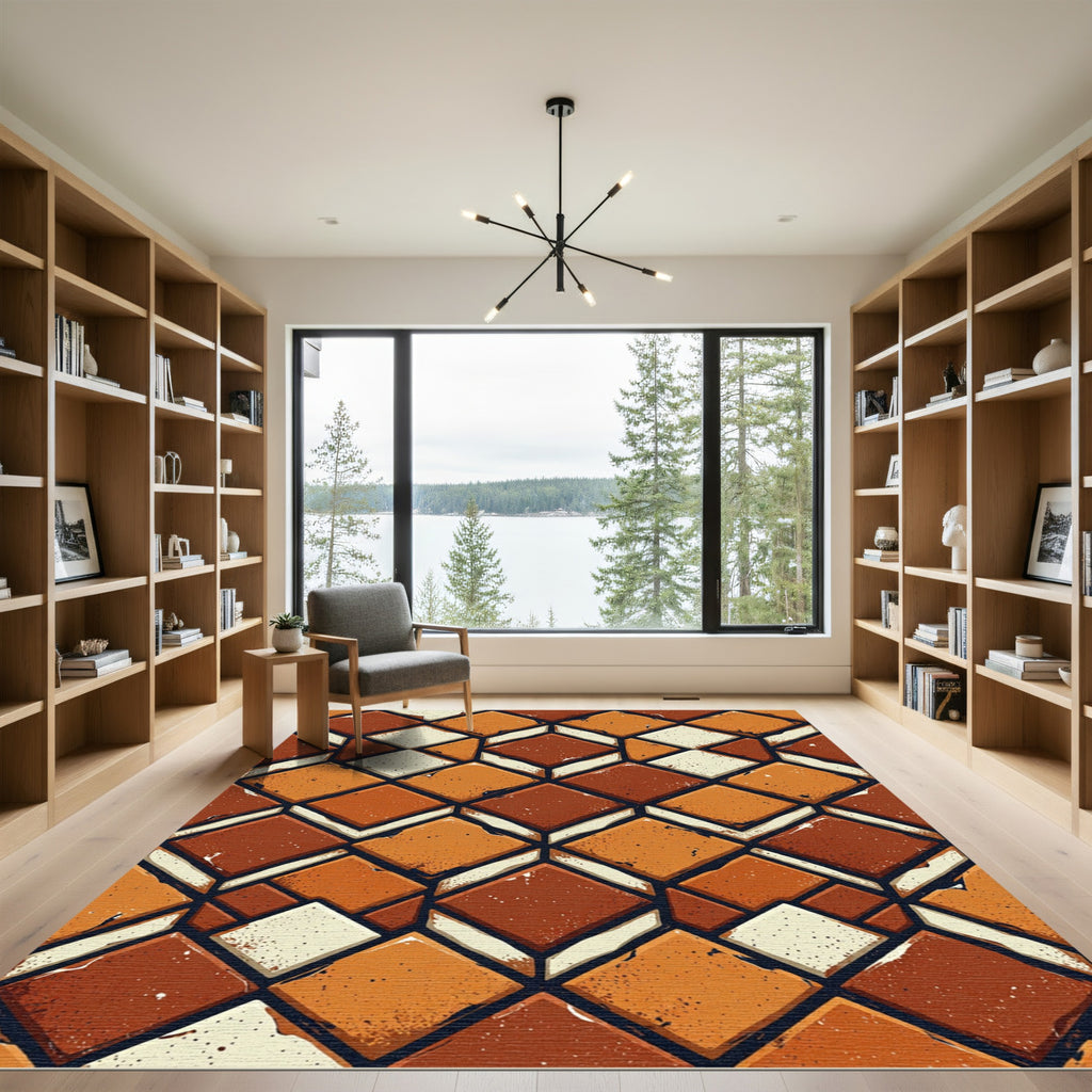 Earthy Terracotta Geometric Diamond Mosaic Rug