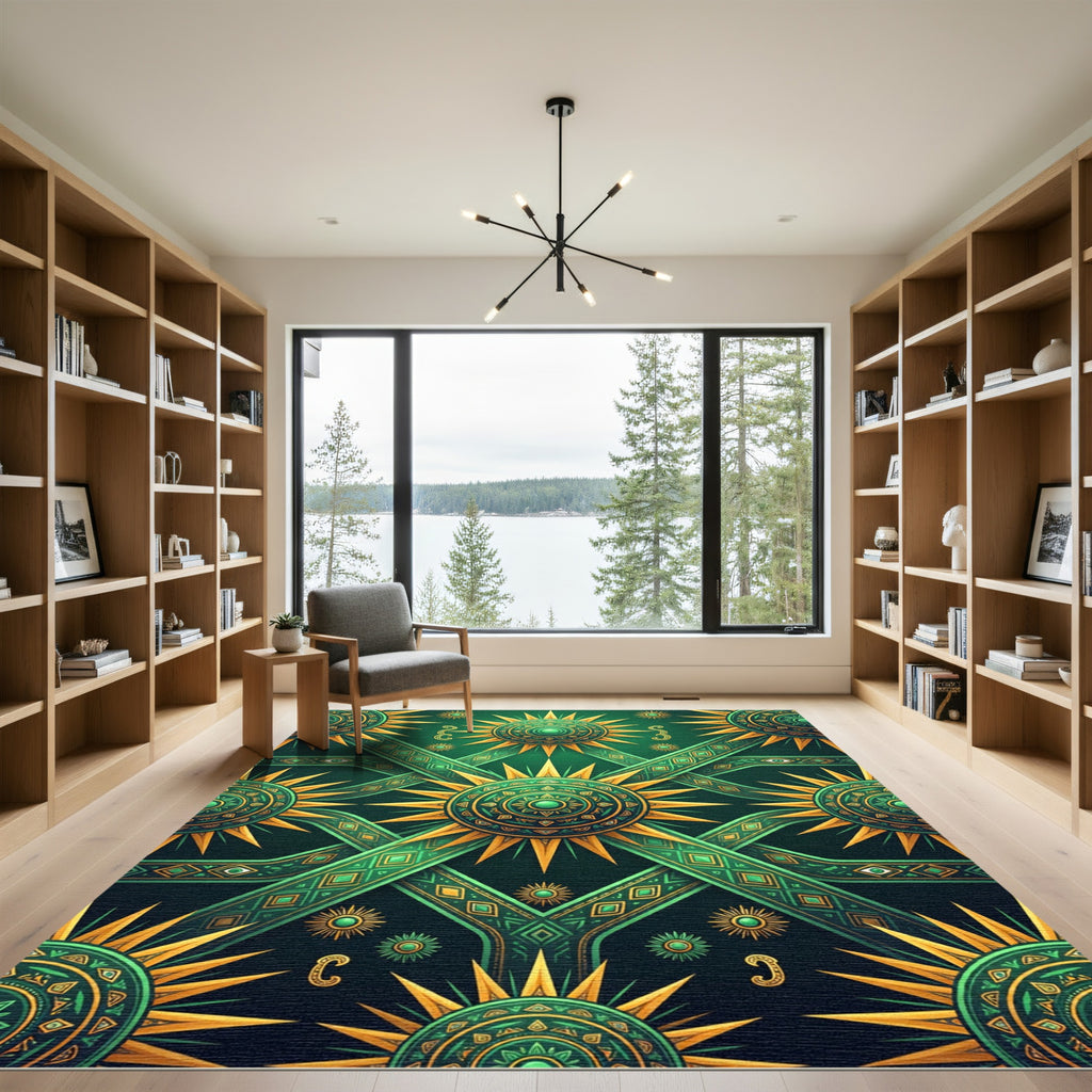 Emerald Sunburst Geometric Mandala Rug