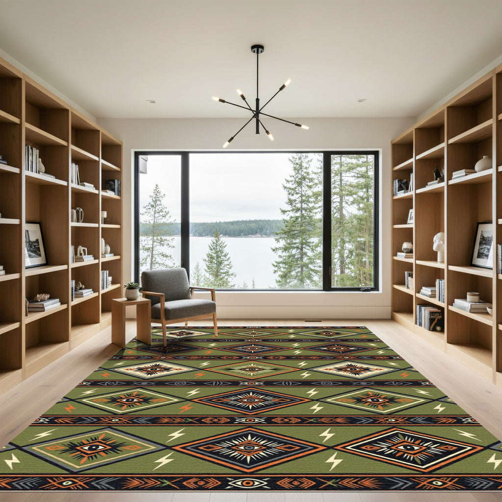 Olive Green Boho Eye Diamond Lightning Rug