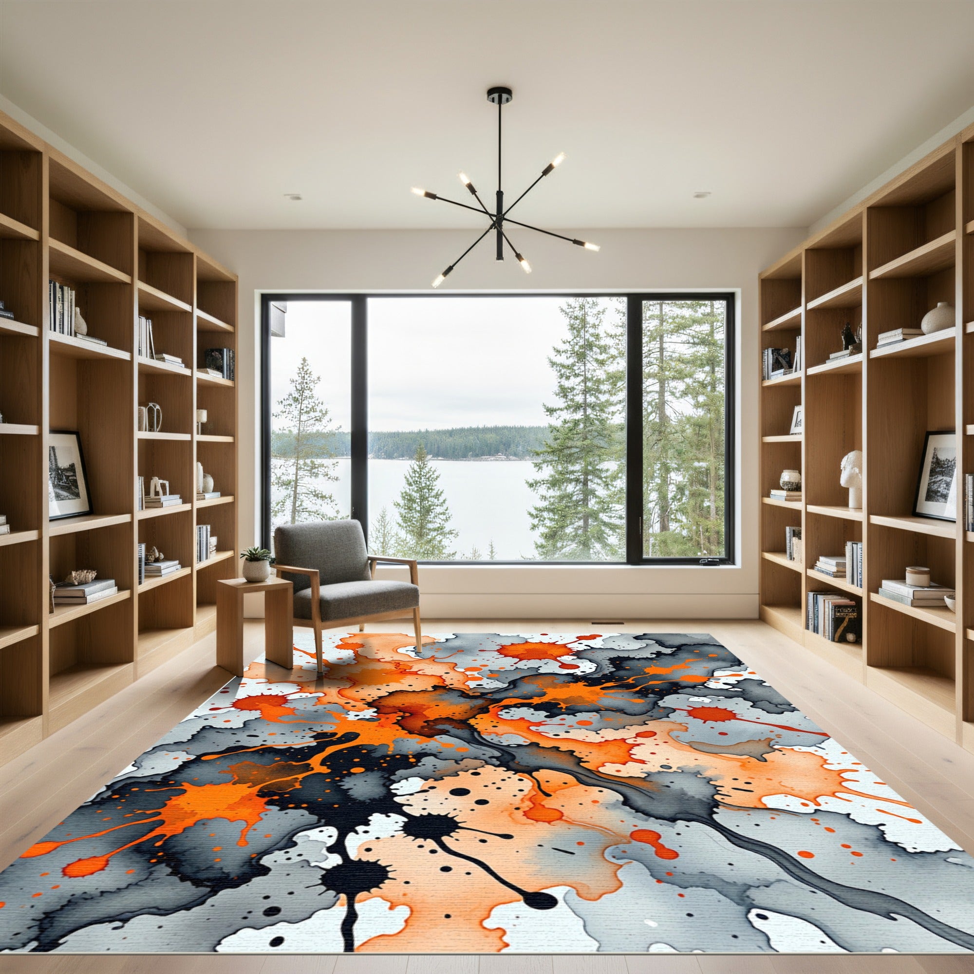 Vibrant Orange and Charcoal Ink Splatter Rug