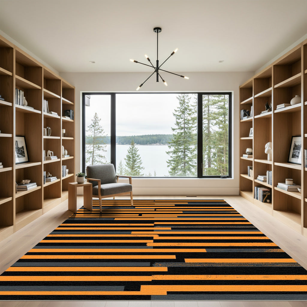 Modern Abstract Orange and Charcoal Striped Rug