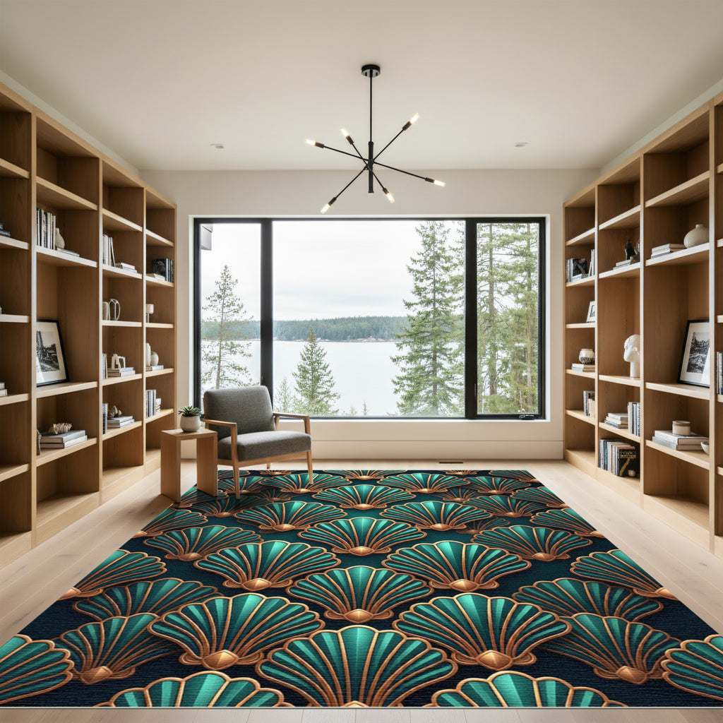 Art Deco Teal Gold Shell Radiance Rug