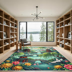 Serene Pagoda Garden Crane Blossom Landscape Rug