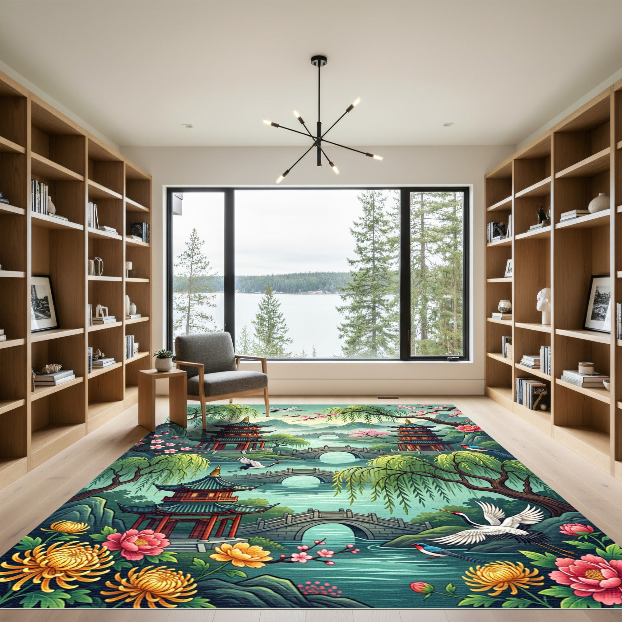 Serene Pagoda Garden Crane Blossom Landscape Rug