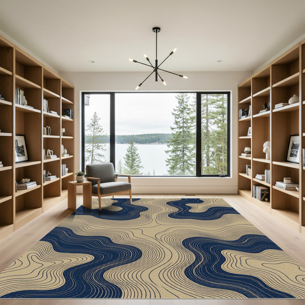 Navy and Gold Fluid Flowing Contours Rug