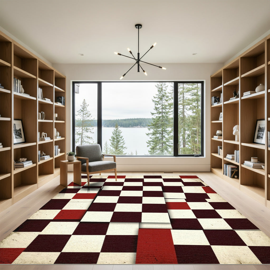 Modern Distressed Red Black Checkered Rug