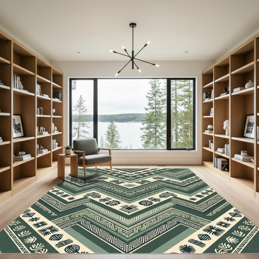 Sage Green Chevron Zigzag Tribal Art Rug