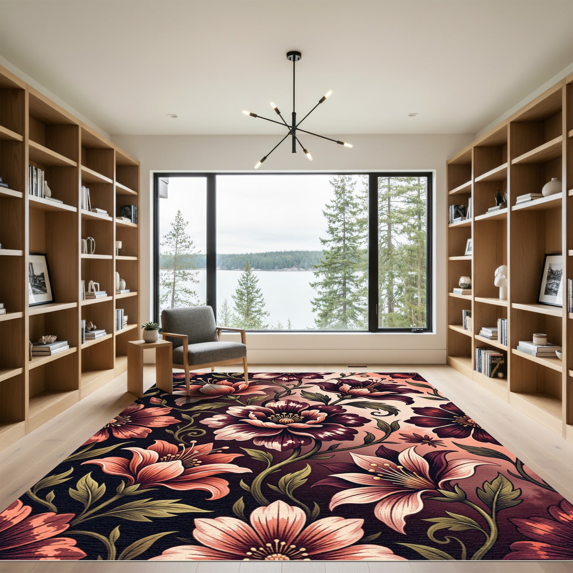 Crimson and Peach Floral Vine Rug