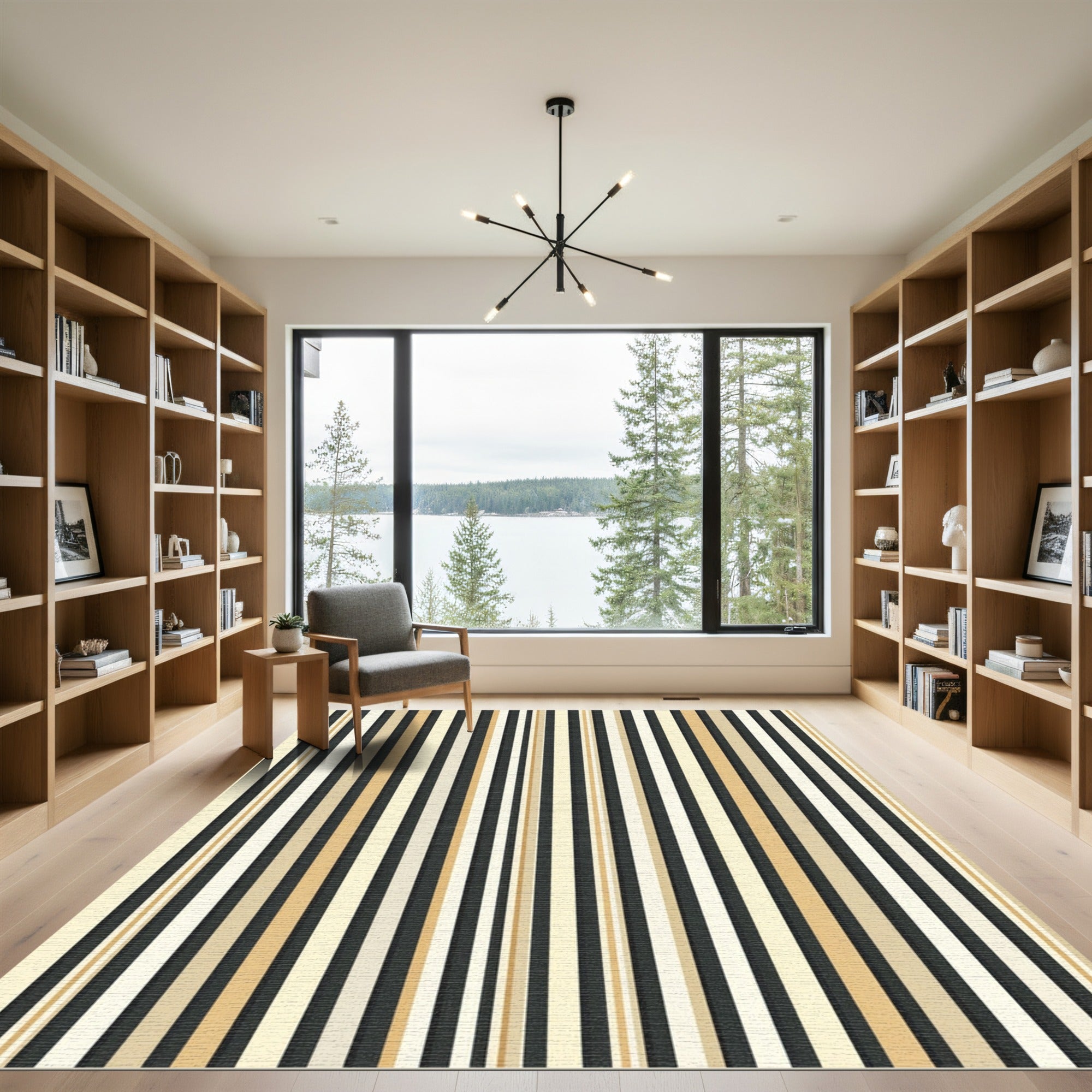 Ecru Taupe Ochre Black Stripe Rug