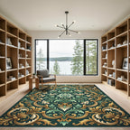 Elegant Emerald Gold Damask Floral Rug