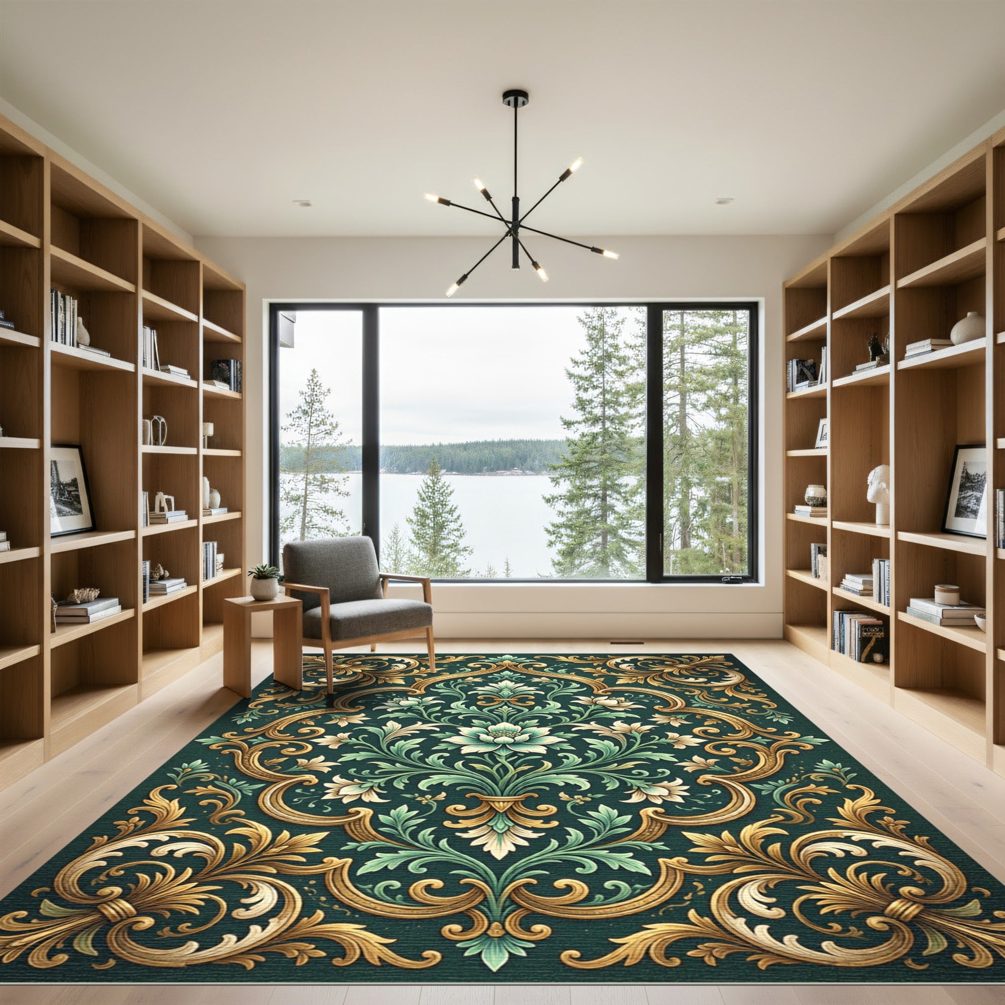 Elegant Emerald Gold Damask Floral Rug