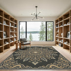 Sophisticated Charcoal Gold Filigree Medallion Rug