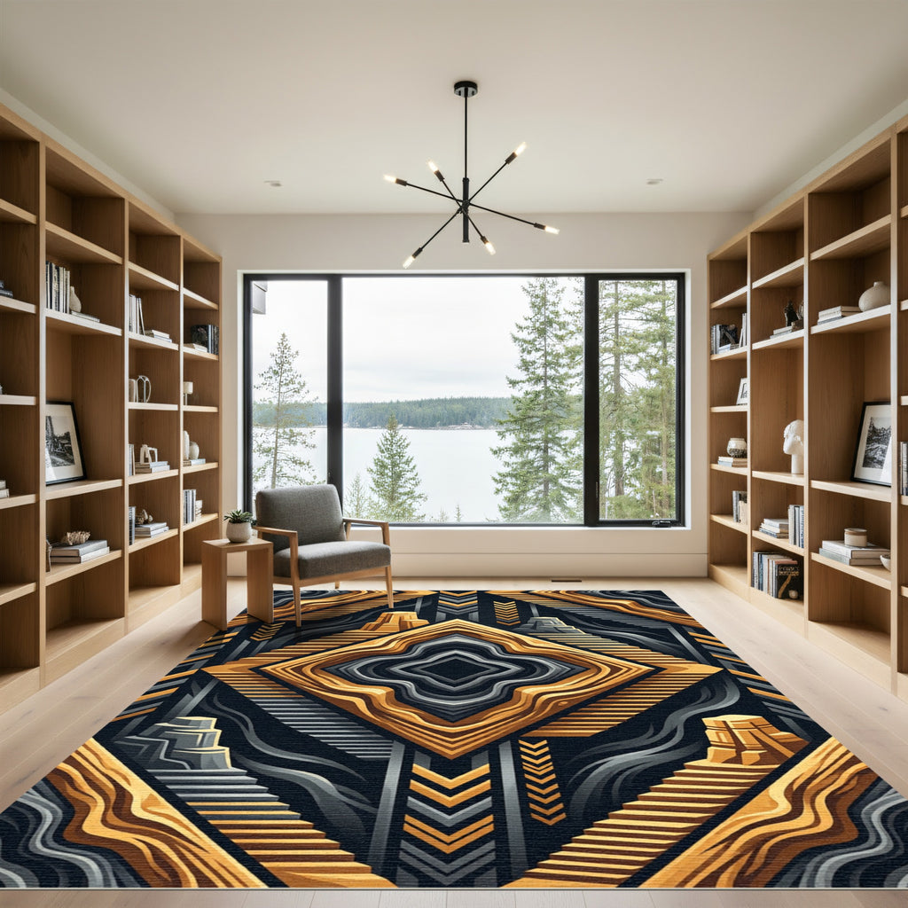 Gold and Slate Geometric Step Abstract Rug