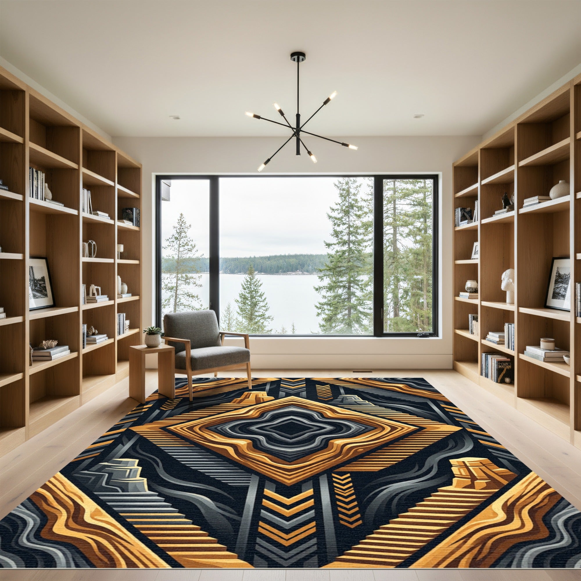 Gold and Slate Geometric Step Abstract Rug