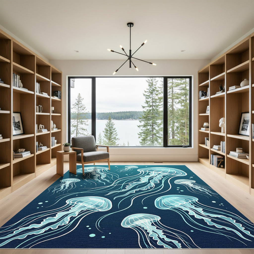 Deep Blue Jellyfish Dance Undersea Rug