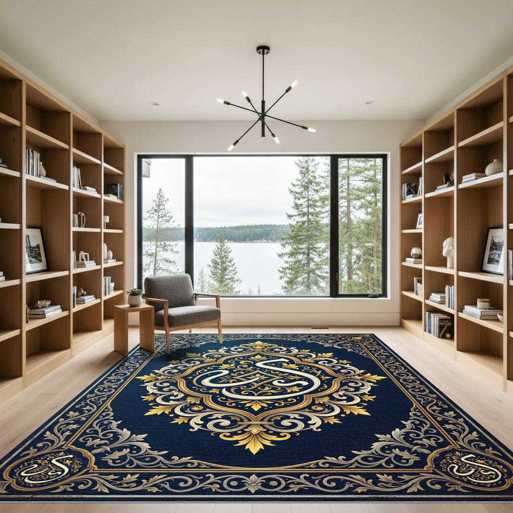 Ornate Gold Arabic Calligraphy Midnight Blue Rug