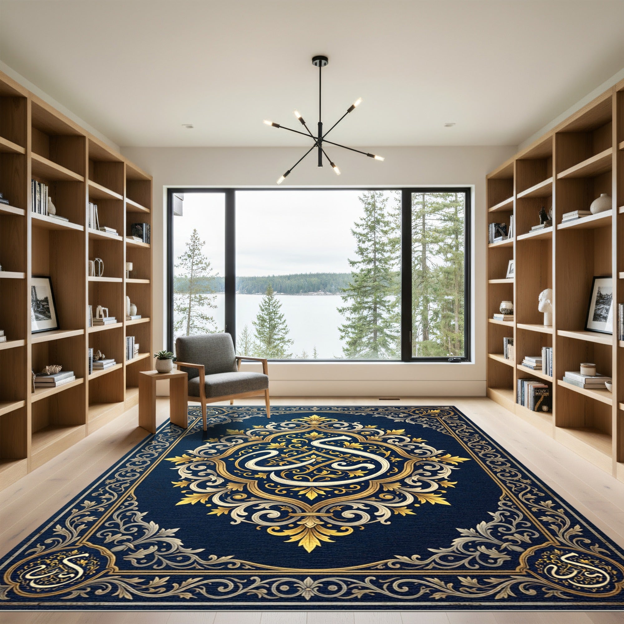 Ornate Gold Arabic Calligraphy Midnight Blue Rug