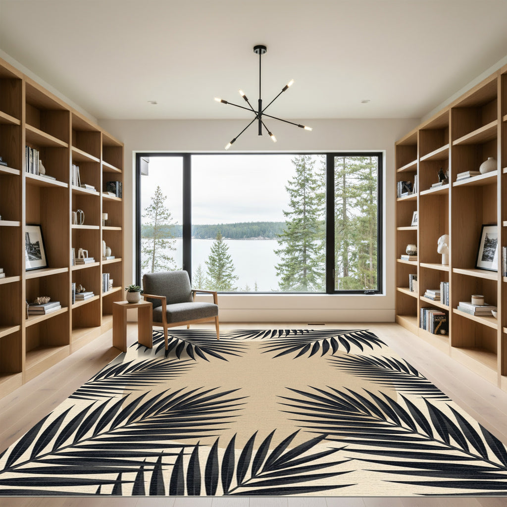 Minimalist Black Palm Leaf Framed Circle Rug