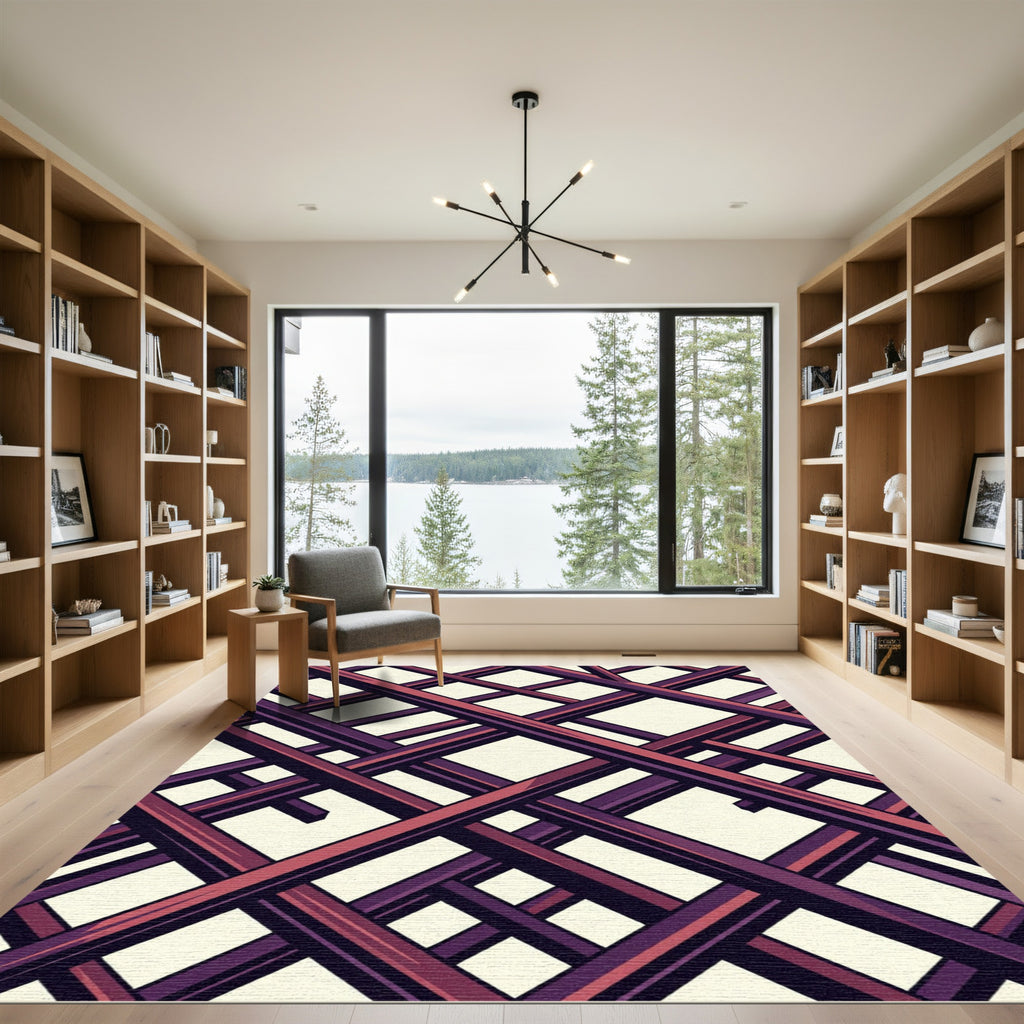 Geometric Crimson and Plum Intersecting Grid Rug