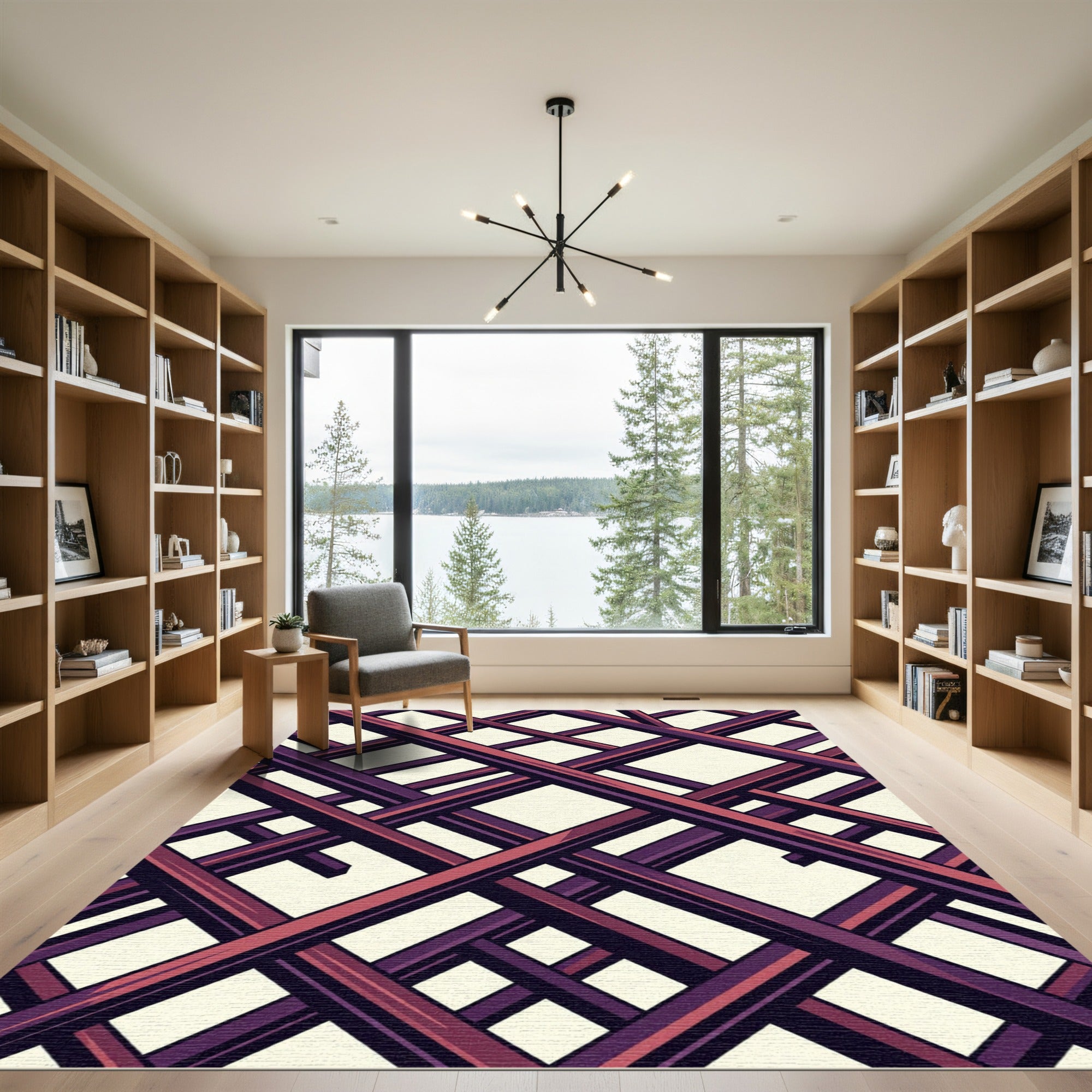 Geometric Crimson and Plum Intersecting Grid Rug