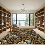 Ornate Black and Gold Floral Vines Rug