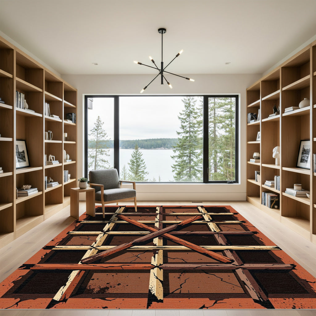 Rustic Crossed Wood Grid Tile Rug