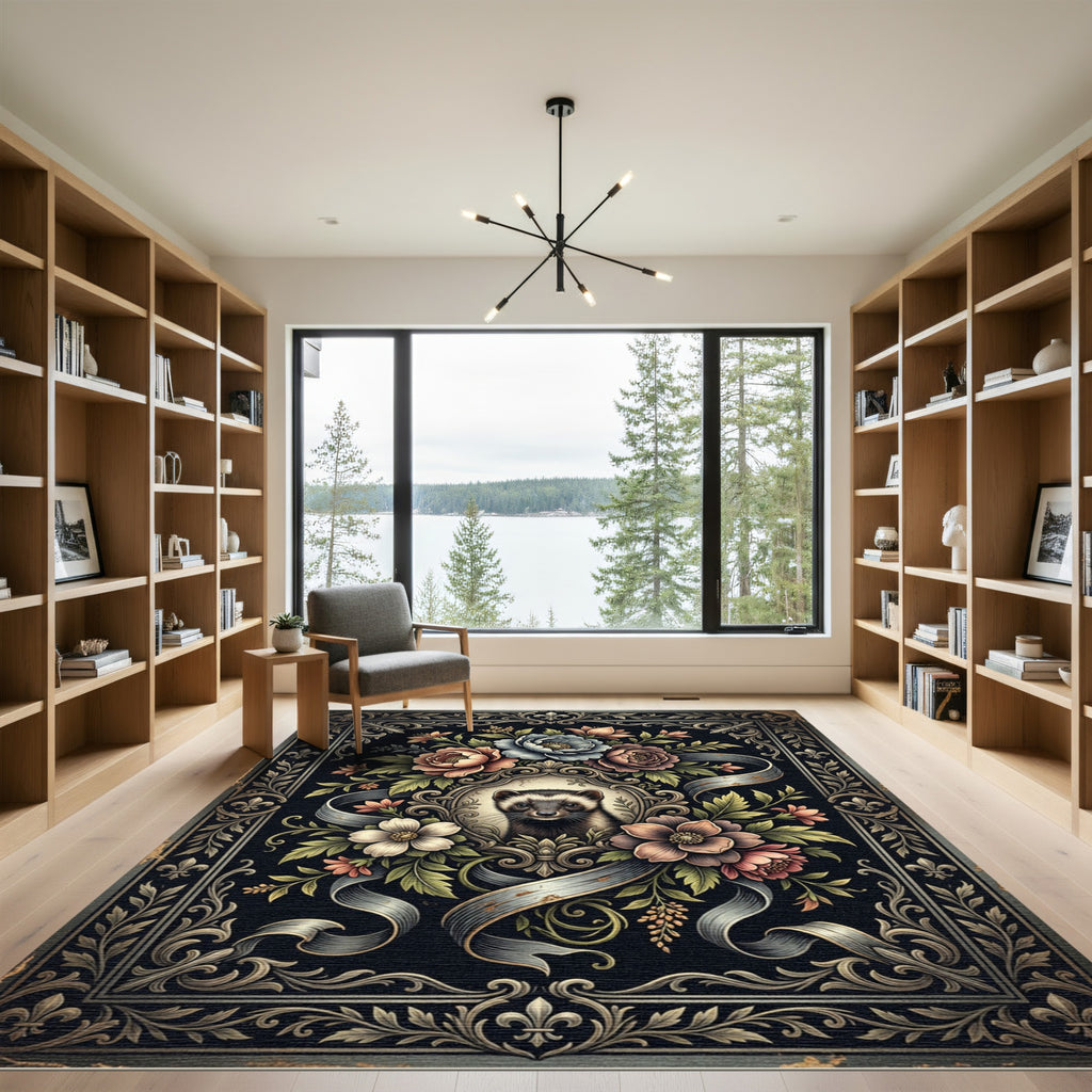 Ornate Ferret Floral Frame Illustration Rug