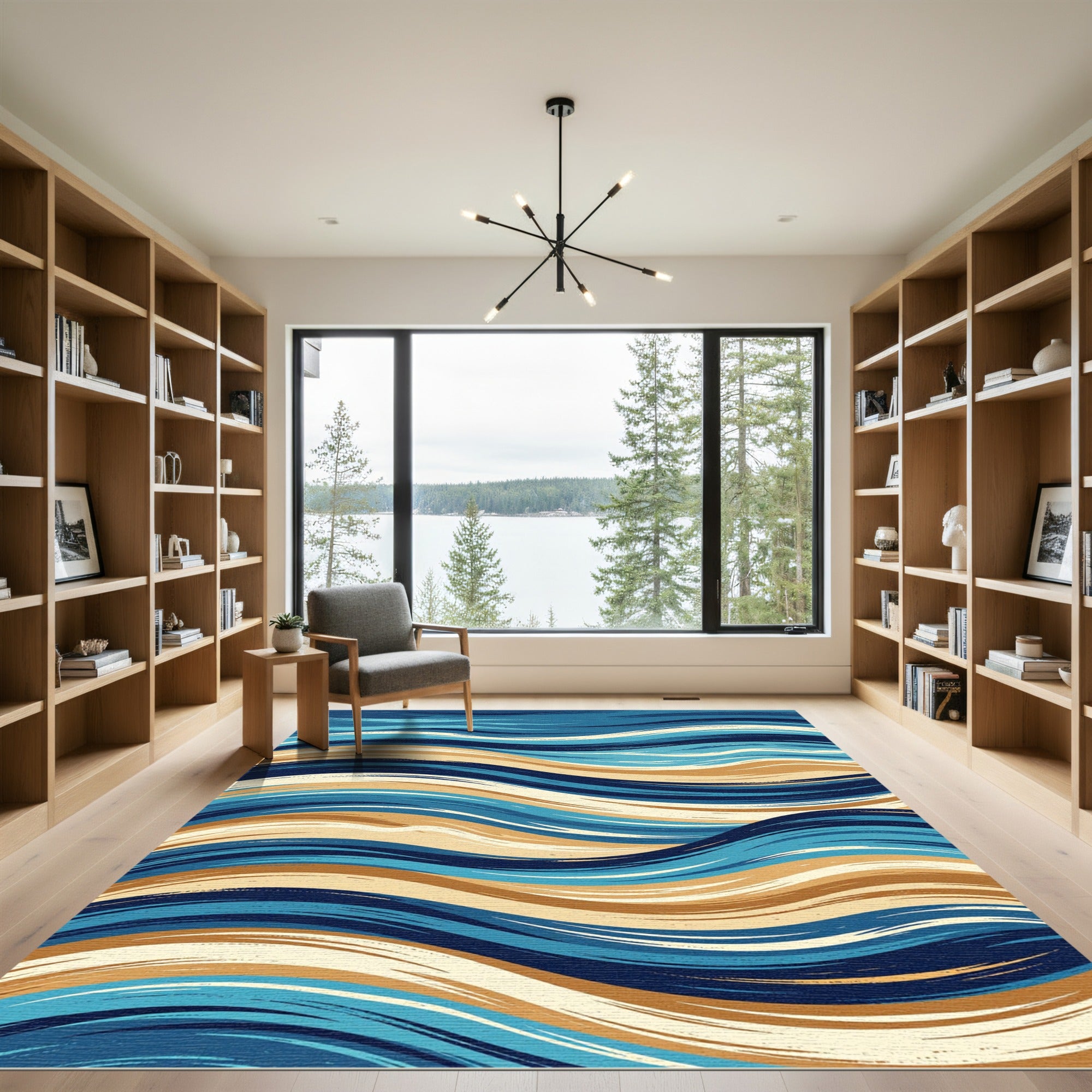 Abstract Blue Tan Wavy Lines Rug