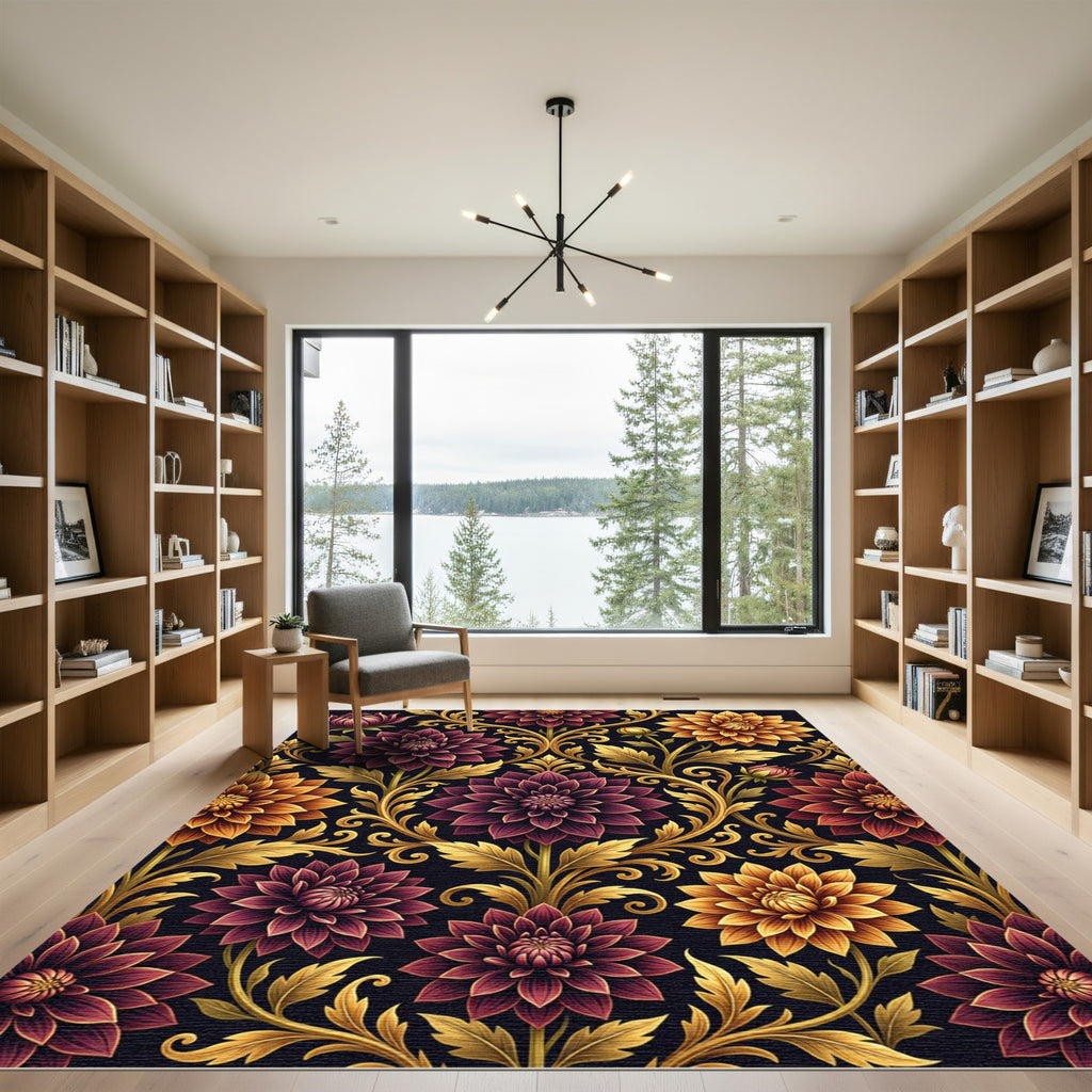Ornate Gold And Burgundy Floral Damask Rug