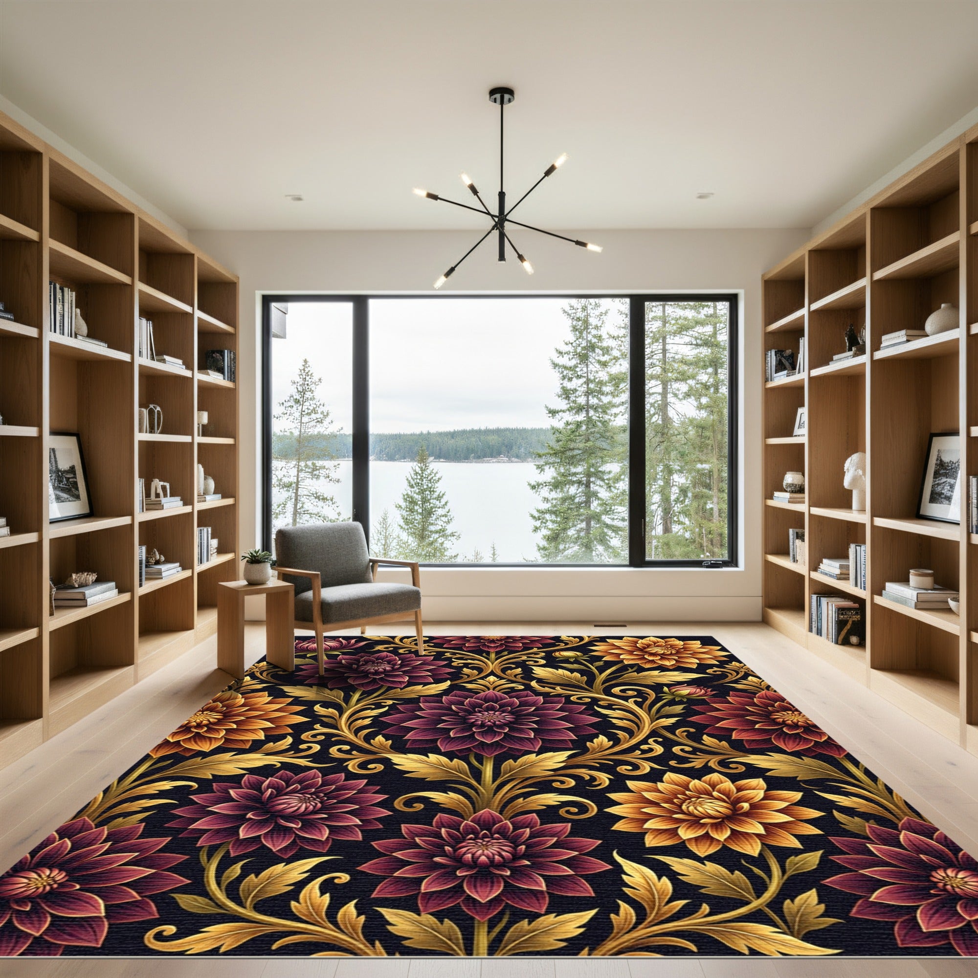 Ornate Gold And Burgundy Floral Damask Rug