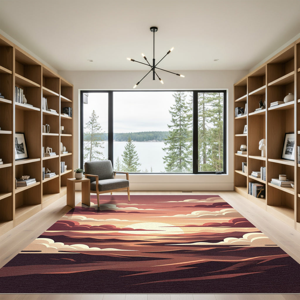 Crimson Sunset Over Molten Mountain Landscape Rug