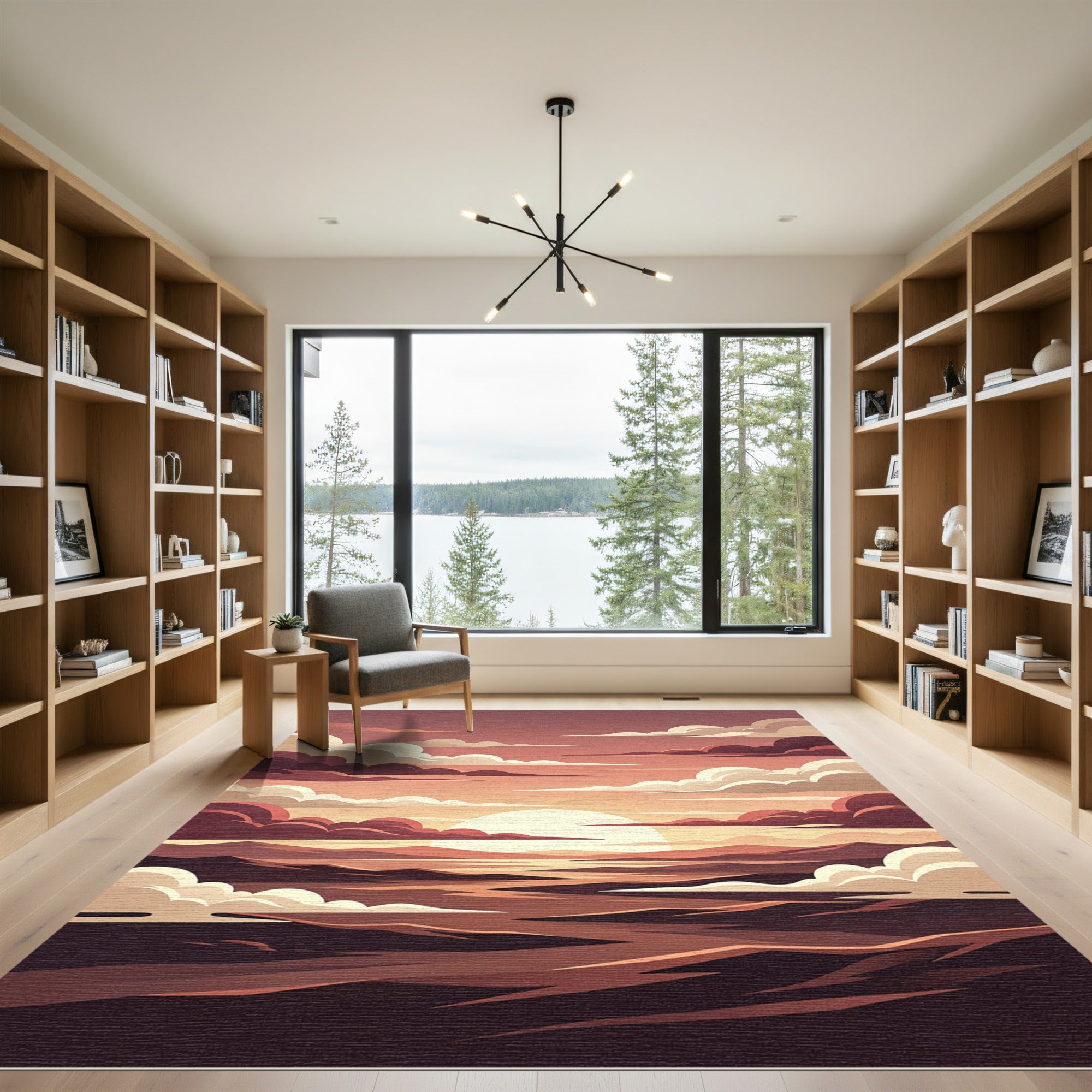 Crimson Sunset Over Molten Mountain Landscape Rug