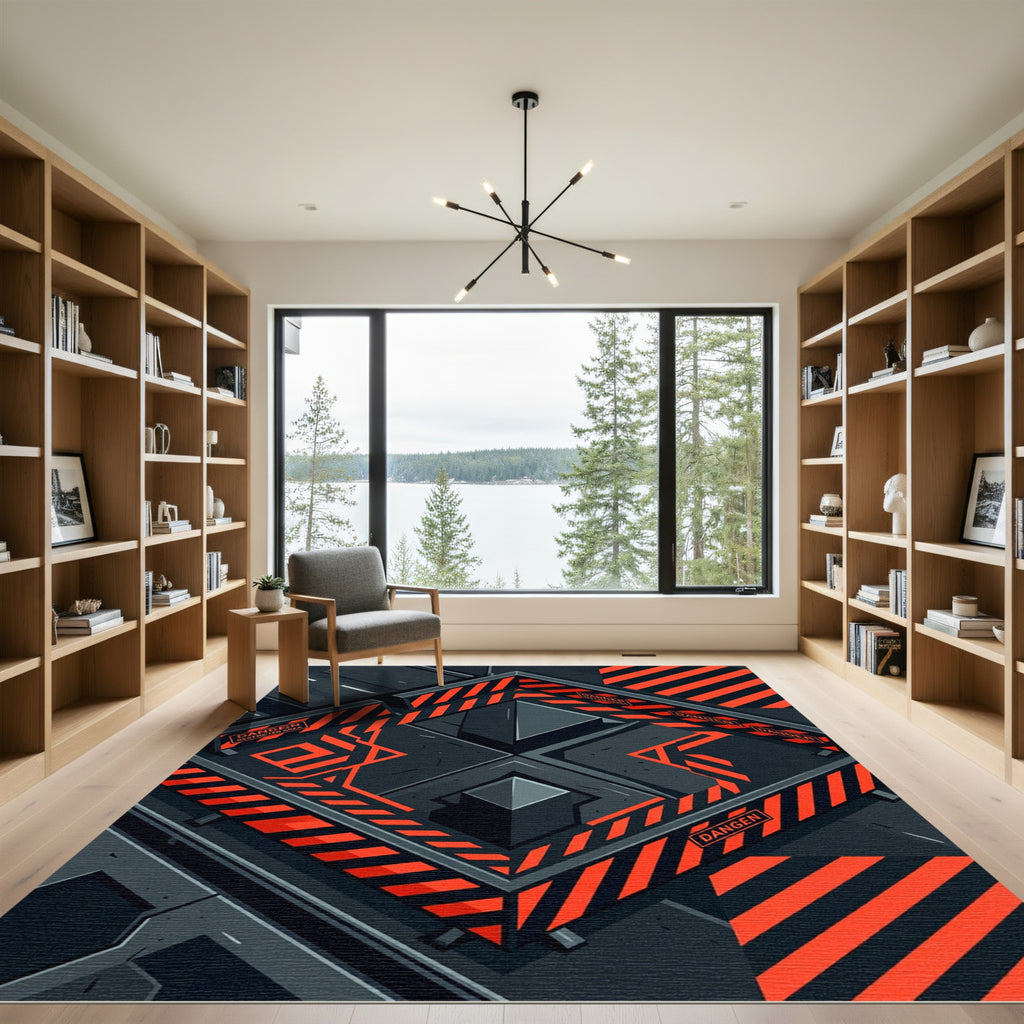 Industrial Black and Orange Hazard Geometric Rug