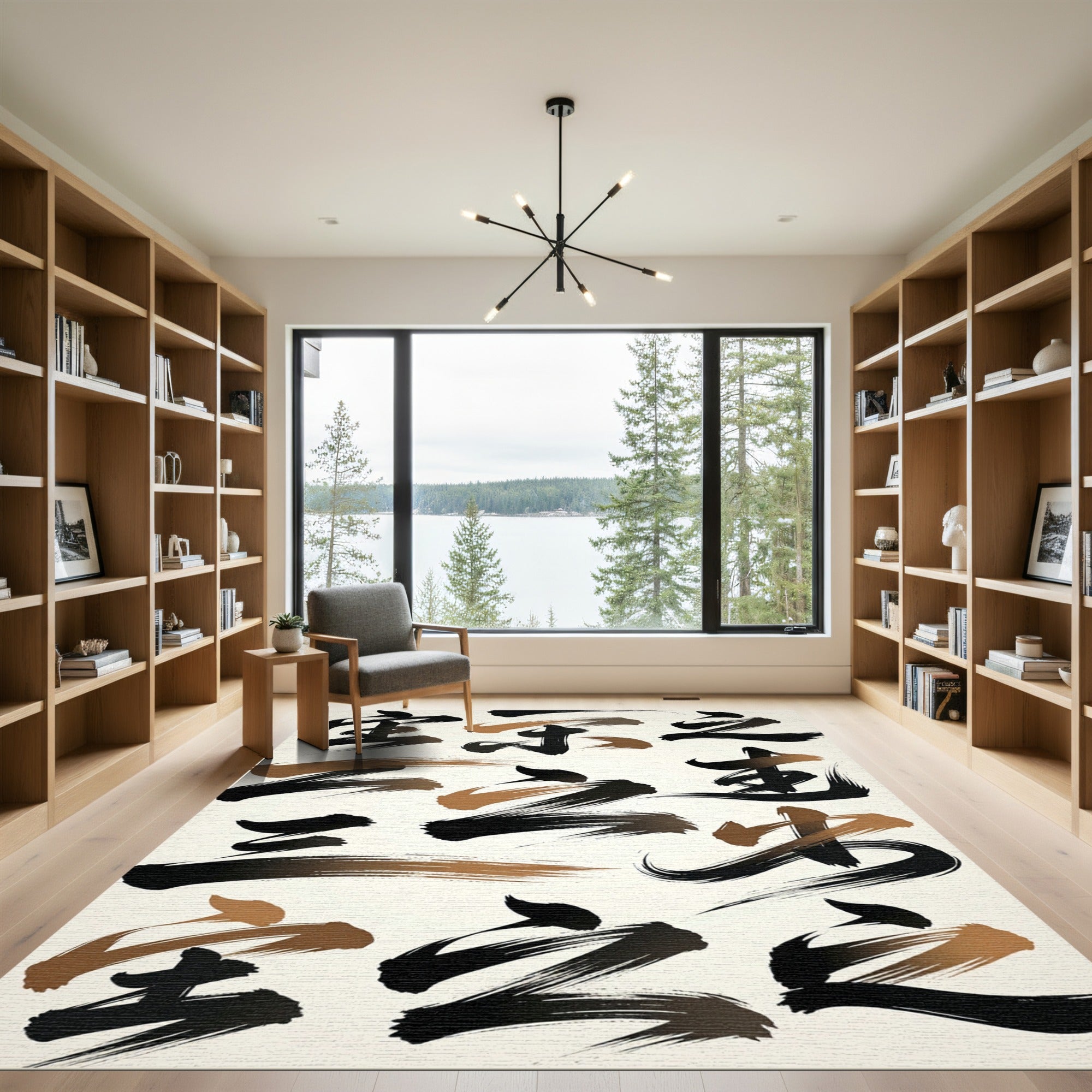 Ink Brushstrokes Black Gold Characters Rug