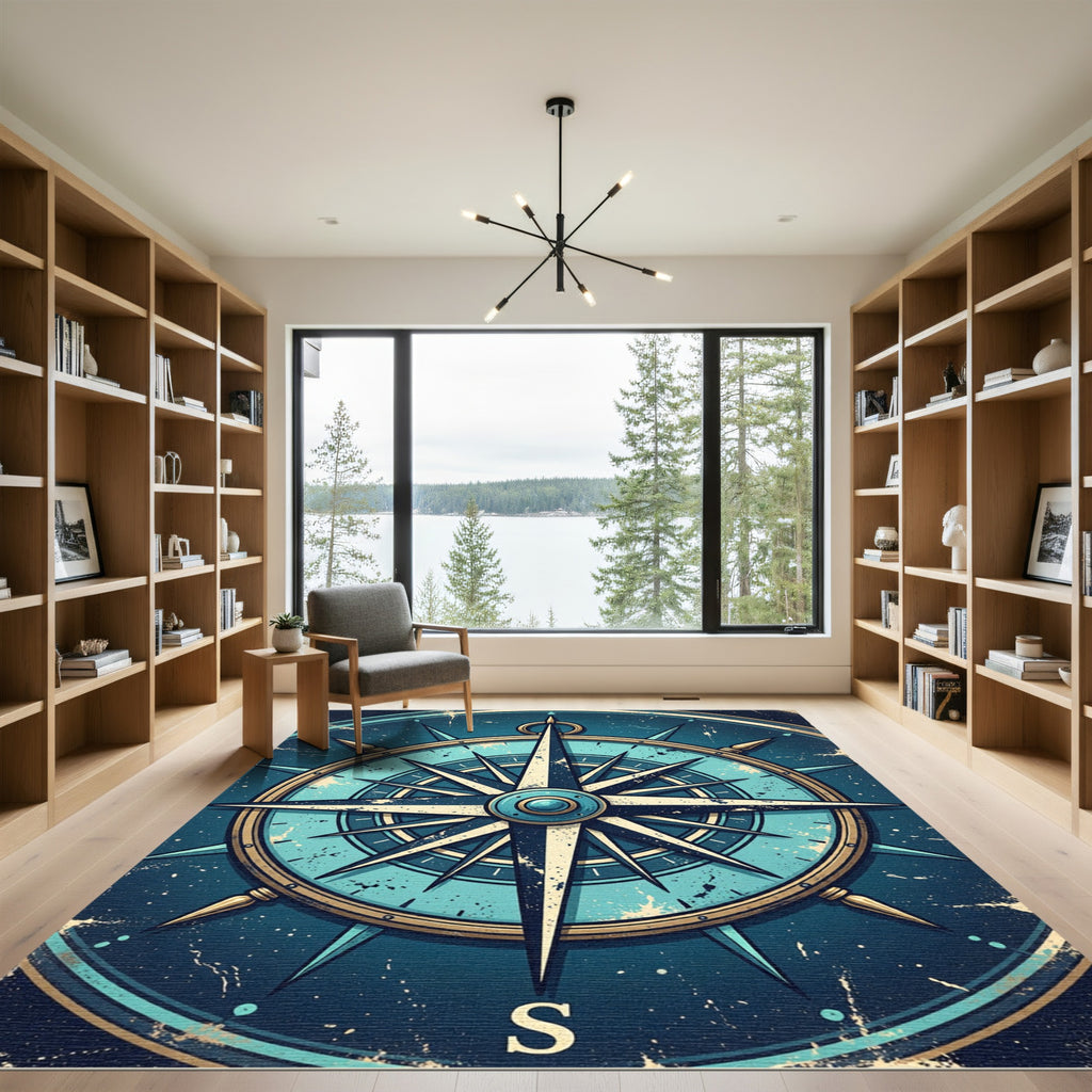 Nautical Blue Compass Starburst Rug