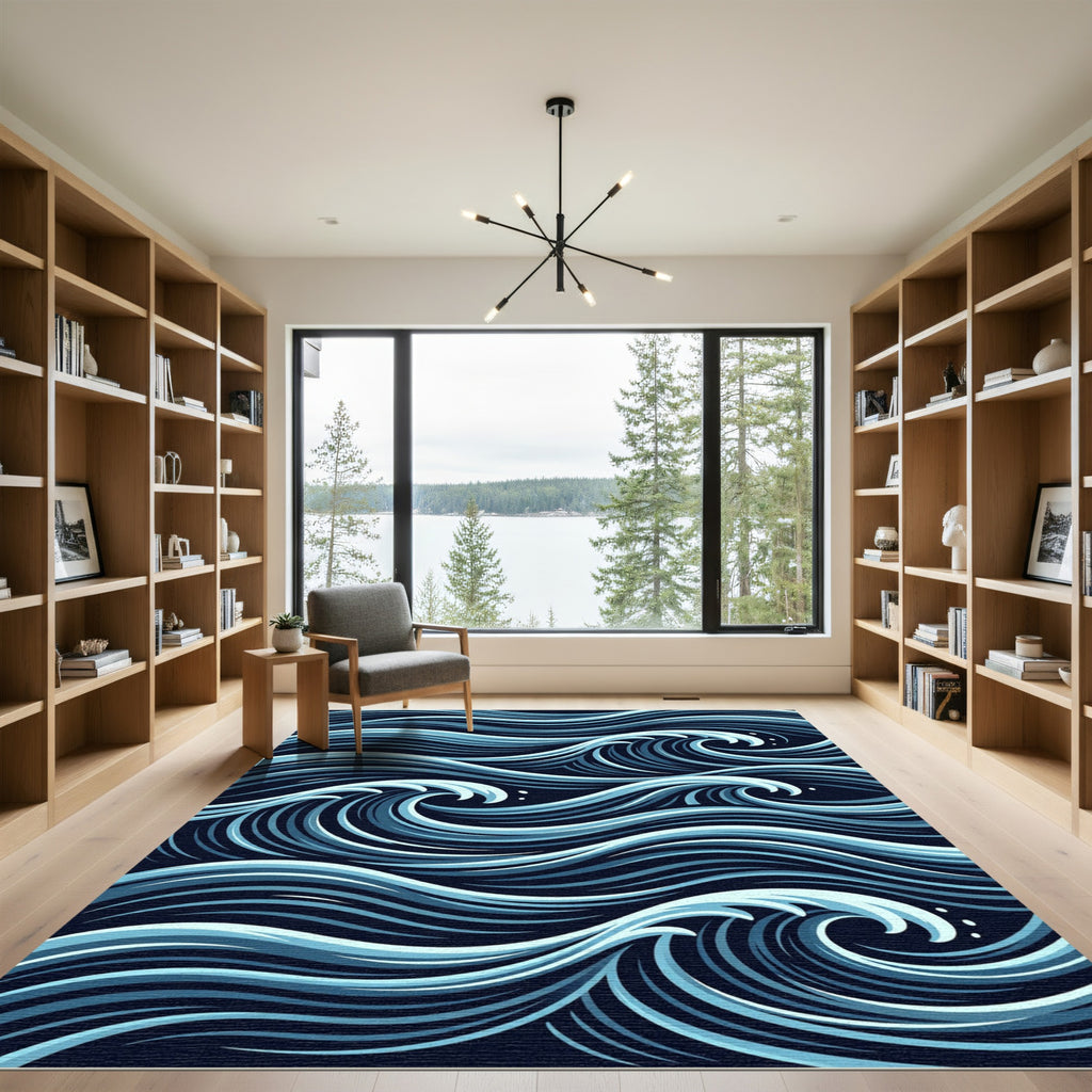 Japanese Inspired Navy Blue Ocean Wave Rug