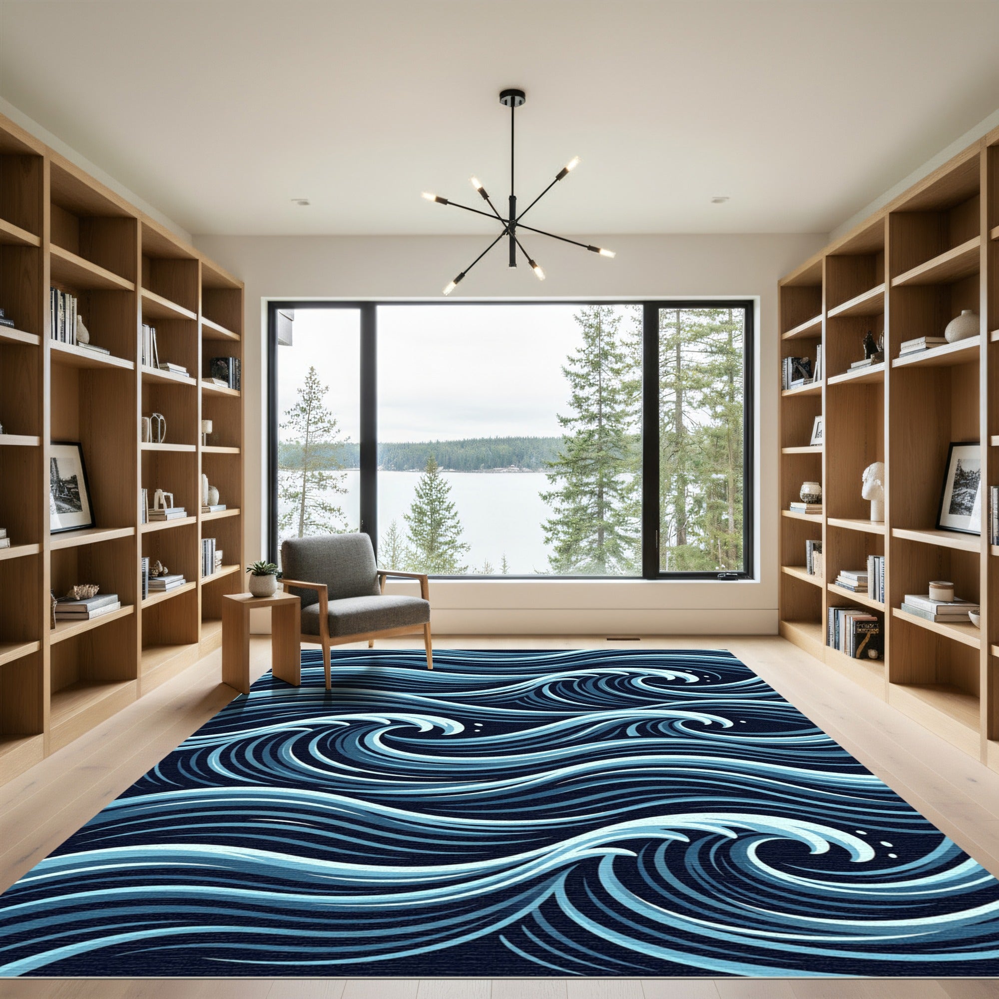Japanese Inspired Navy Blue Ocean Wave Rug