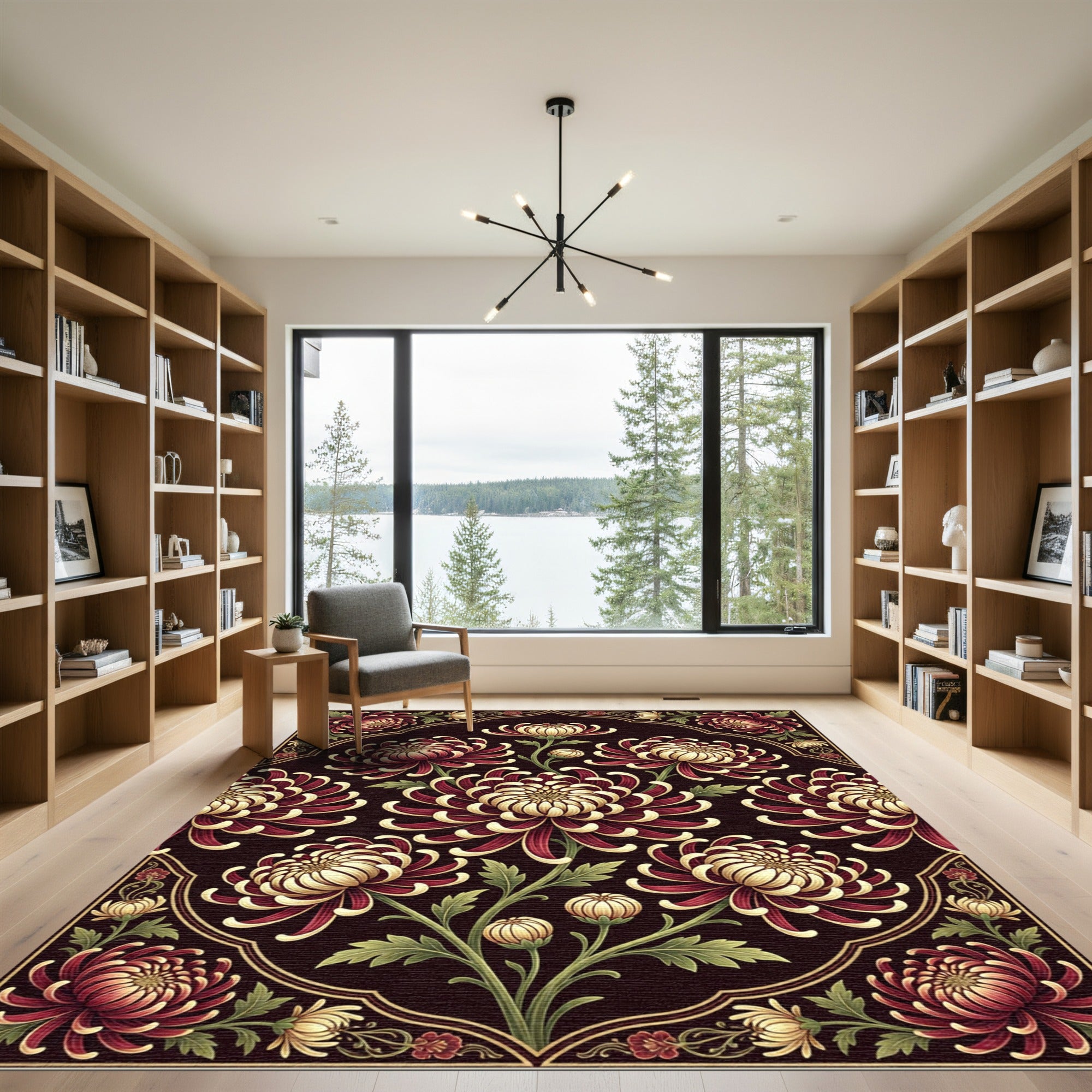 Deep Red Chrysanthemum Floral Symmetry Rug