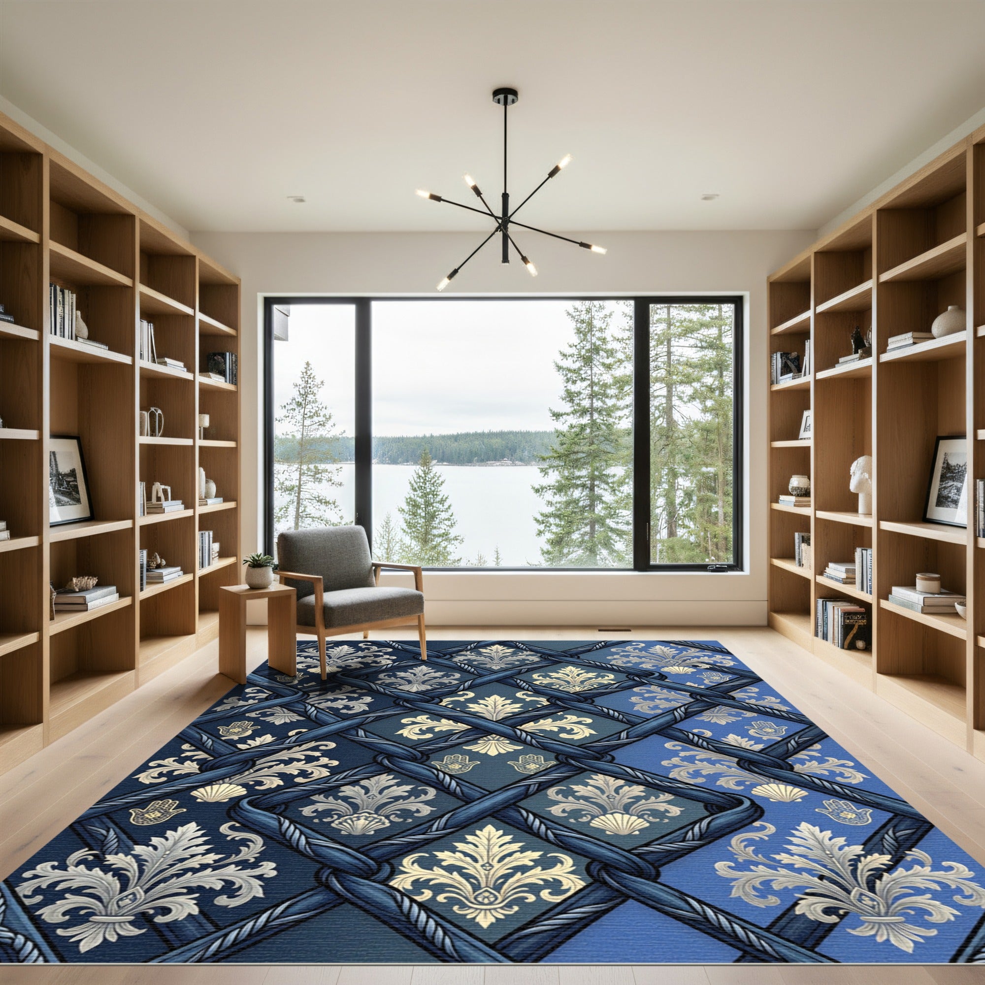 Navy Blue Regal Damask Lattice Rug