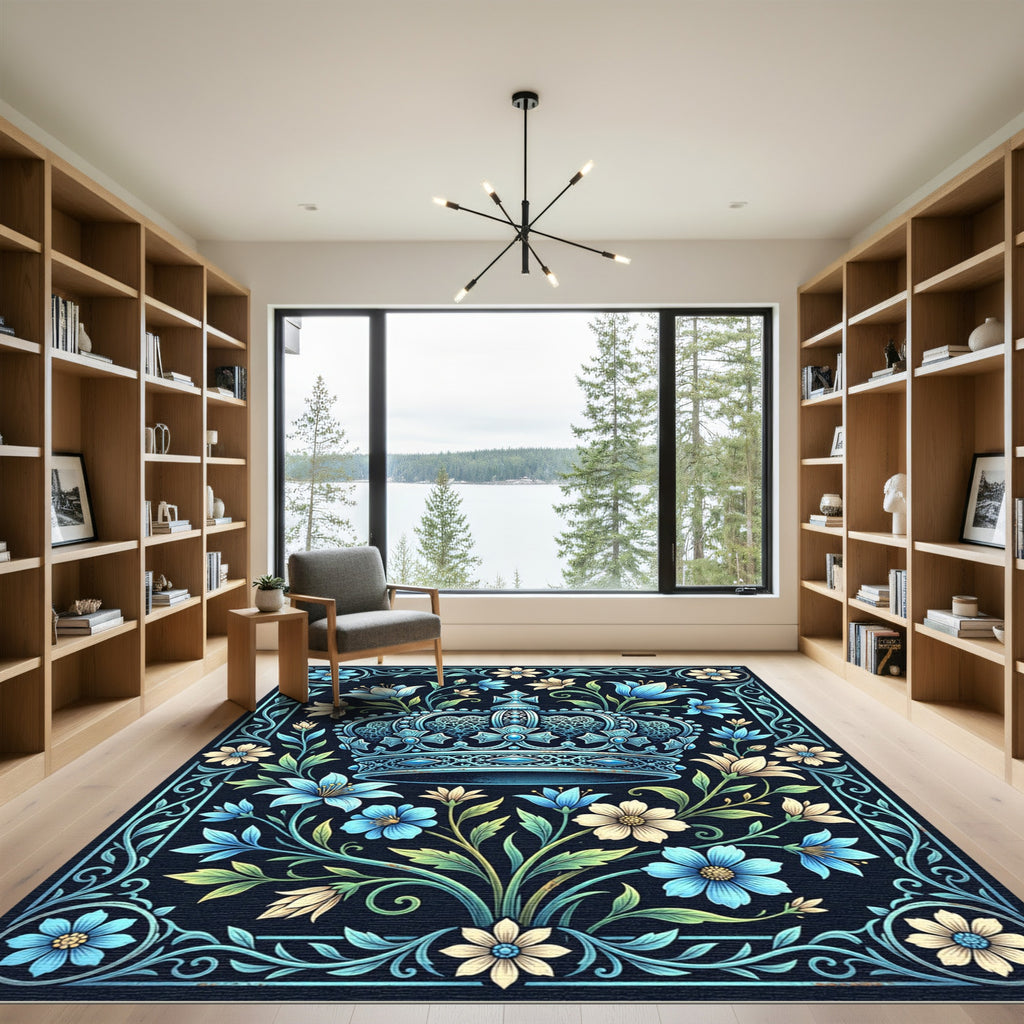 Ornate Blue Floral Crown Art Rug