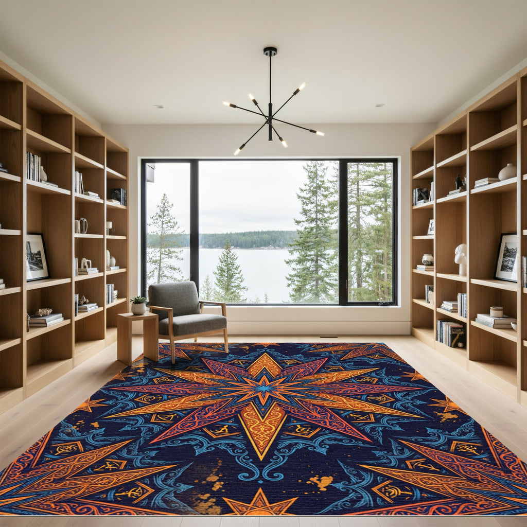 Radiant Golden Celestial Star Mandala Rug