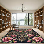 Elegant Pink Camellia Gold Scrollwork Rug
