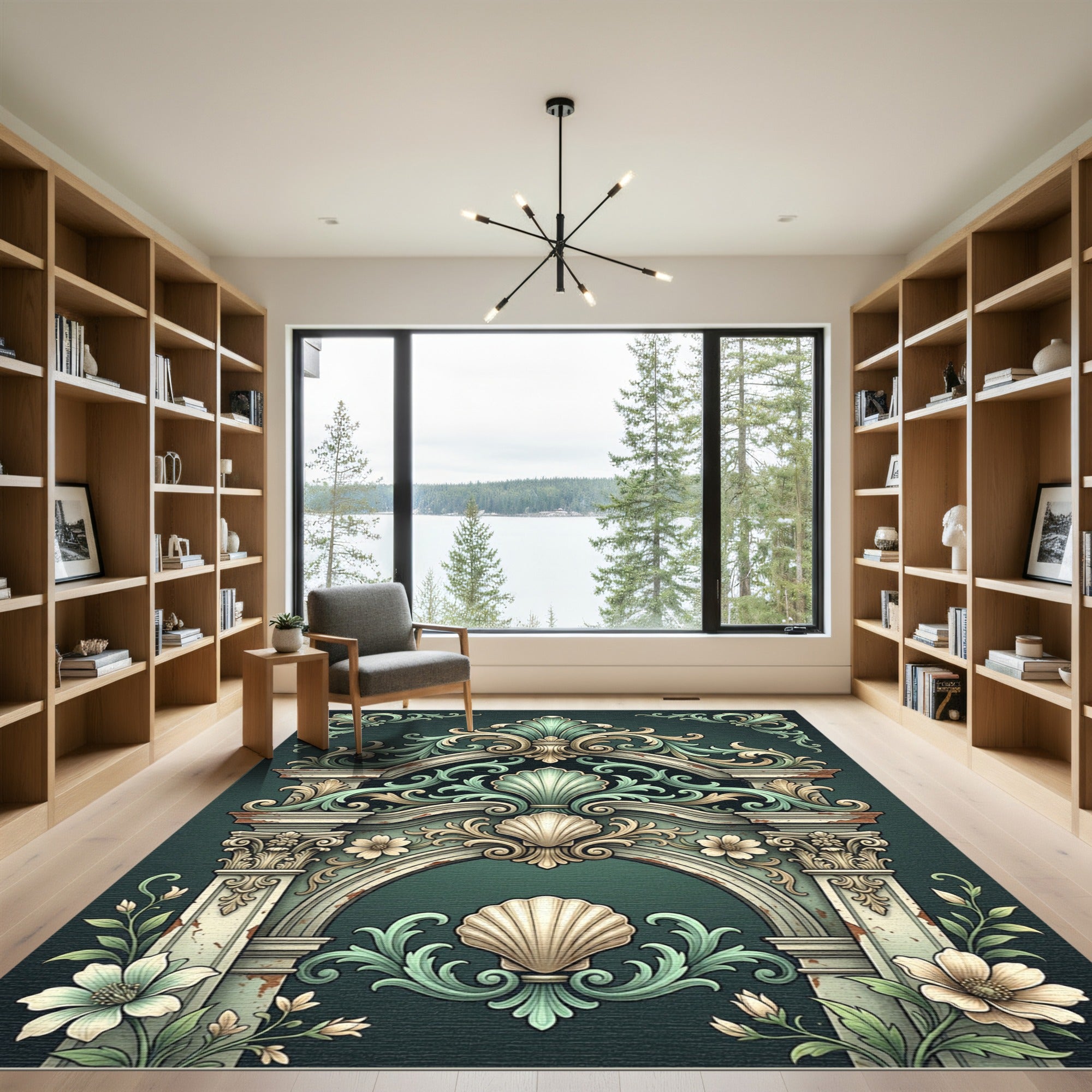 Ornate Teal Shell Floral Arch Rug