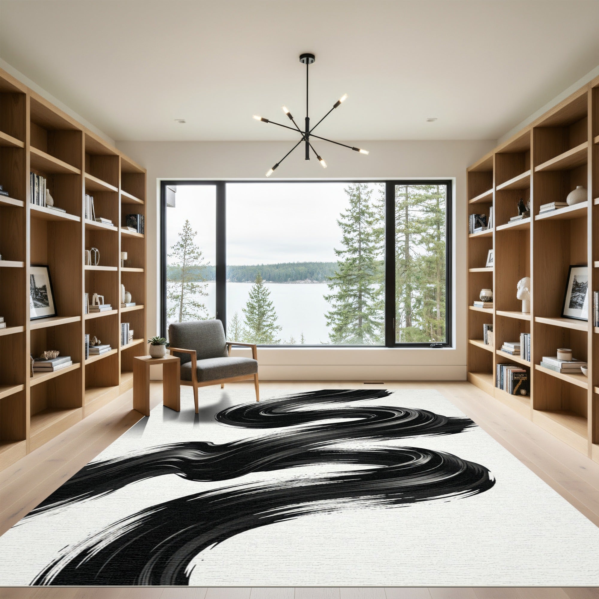 Bold Black Brushstroke Swirl Rug