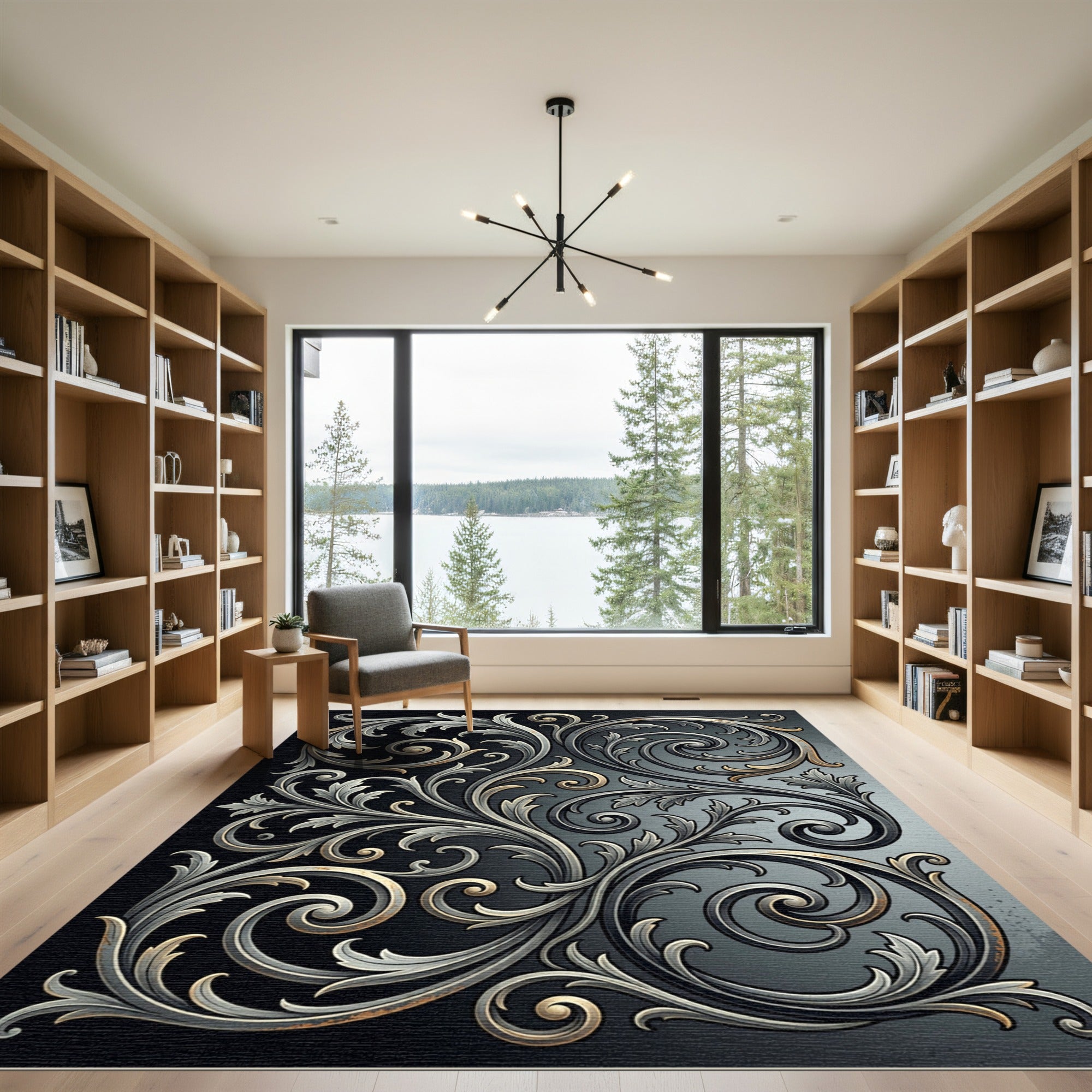 Ornate Metallic Silver Scrollwork Rug